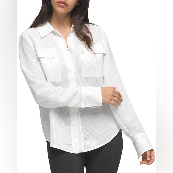 NWOT Good American Sheer Sequin White Button Down Long Sleeves 2 - Picture 1 of 7